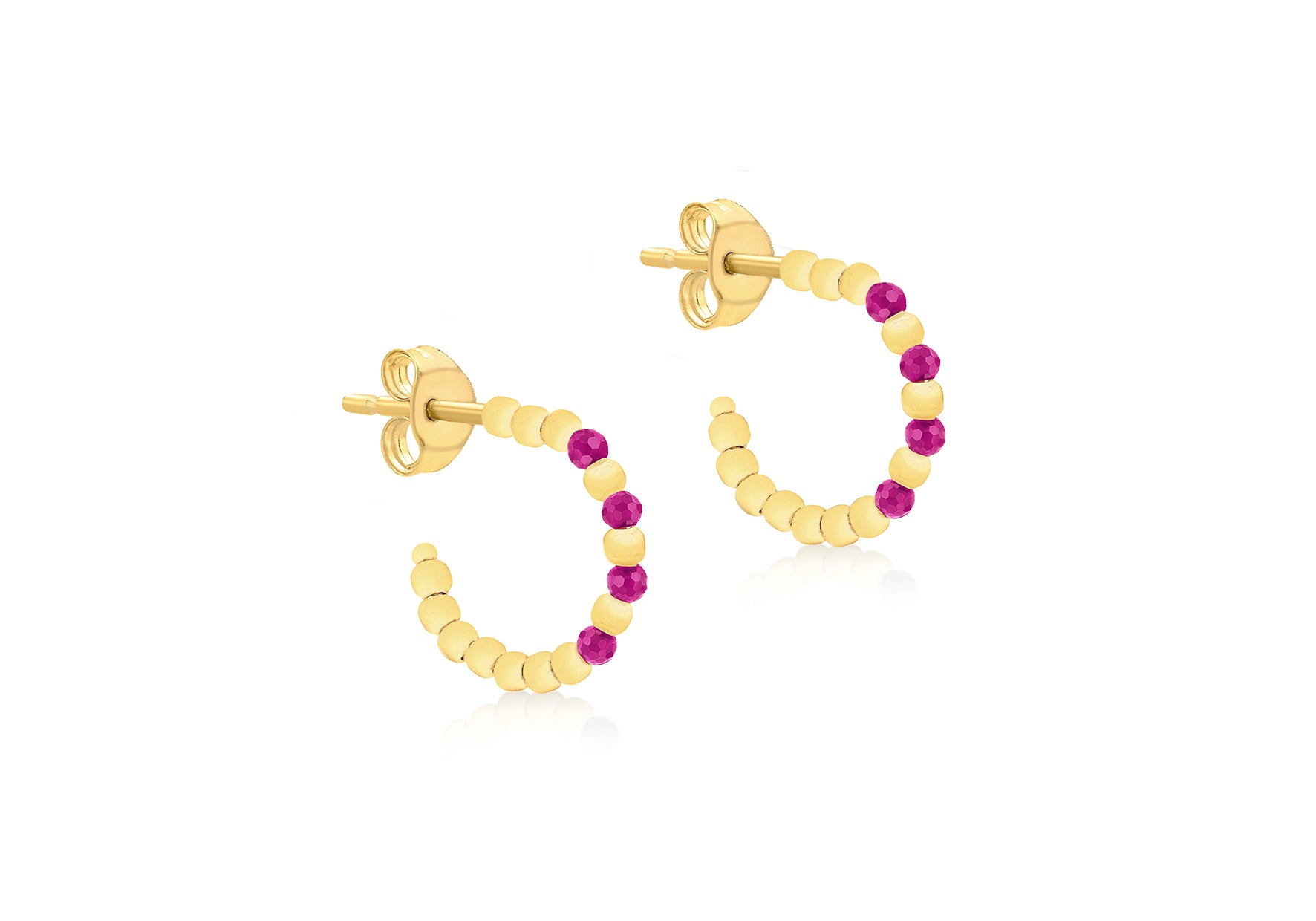 9ct Yellow Gold Red Corundum Open Hoop Stud Earrings