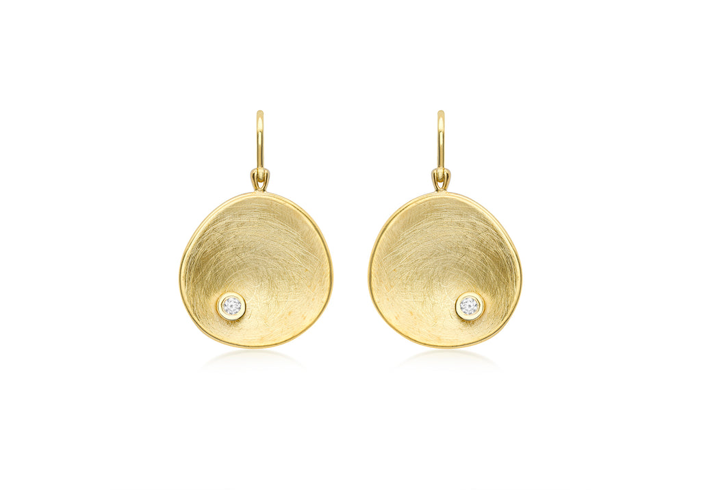 9ct Yellow Gold White Zirconia Brushed Concave Organic Disc Drop Earrings