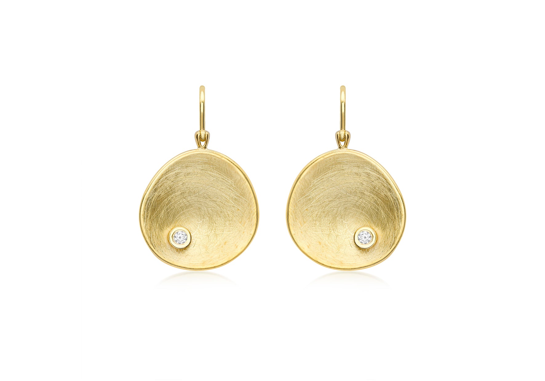 9ct Yellow Gold White Zirconia Brushed Concave Organic Disc Drop Earrings