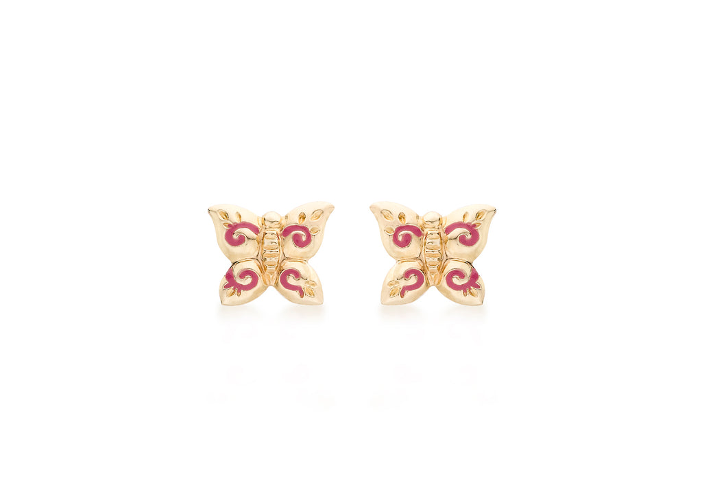 9ct Yellow Gold Pink Enamel Butterfly Stud Earrings