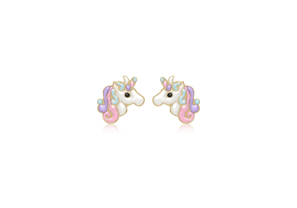 9ct Yellow Gold Enamel Unicorn Stud Earrings