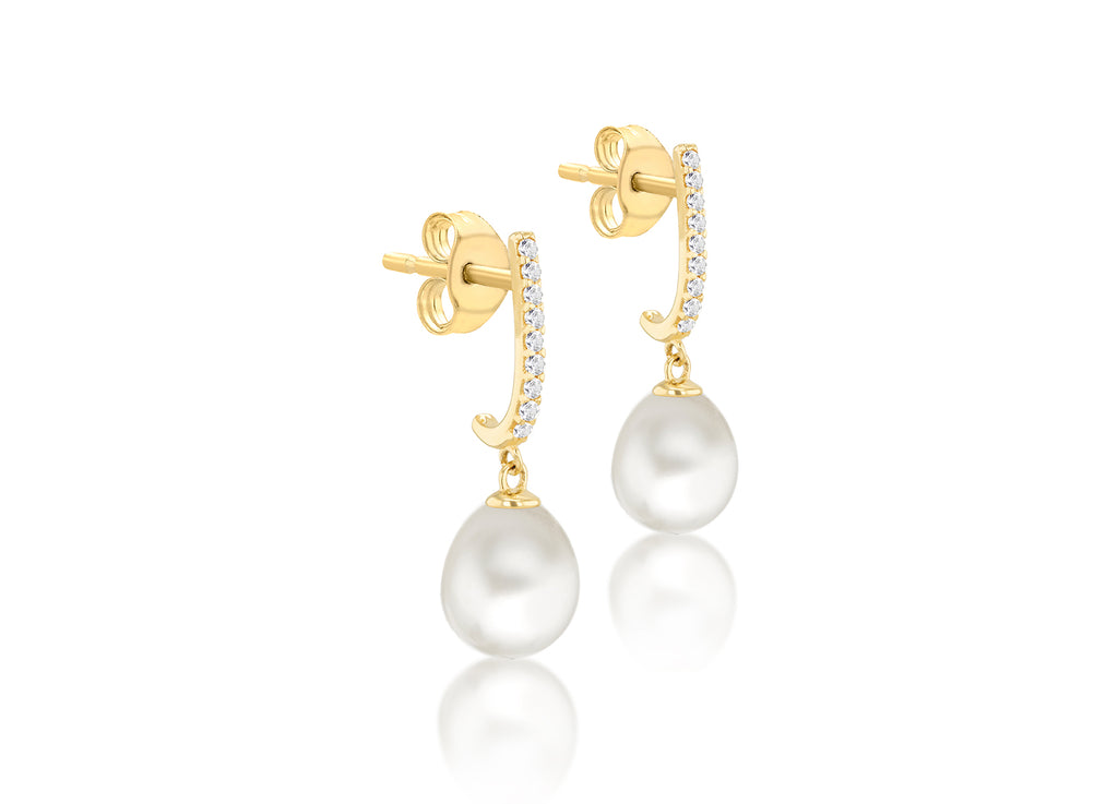 9ct Yellow Gold Freshwater Pearls & White Zirconia Drop Stud Earrings