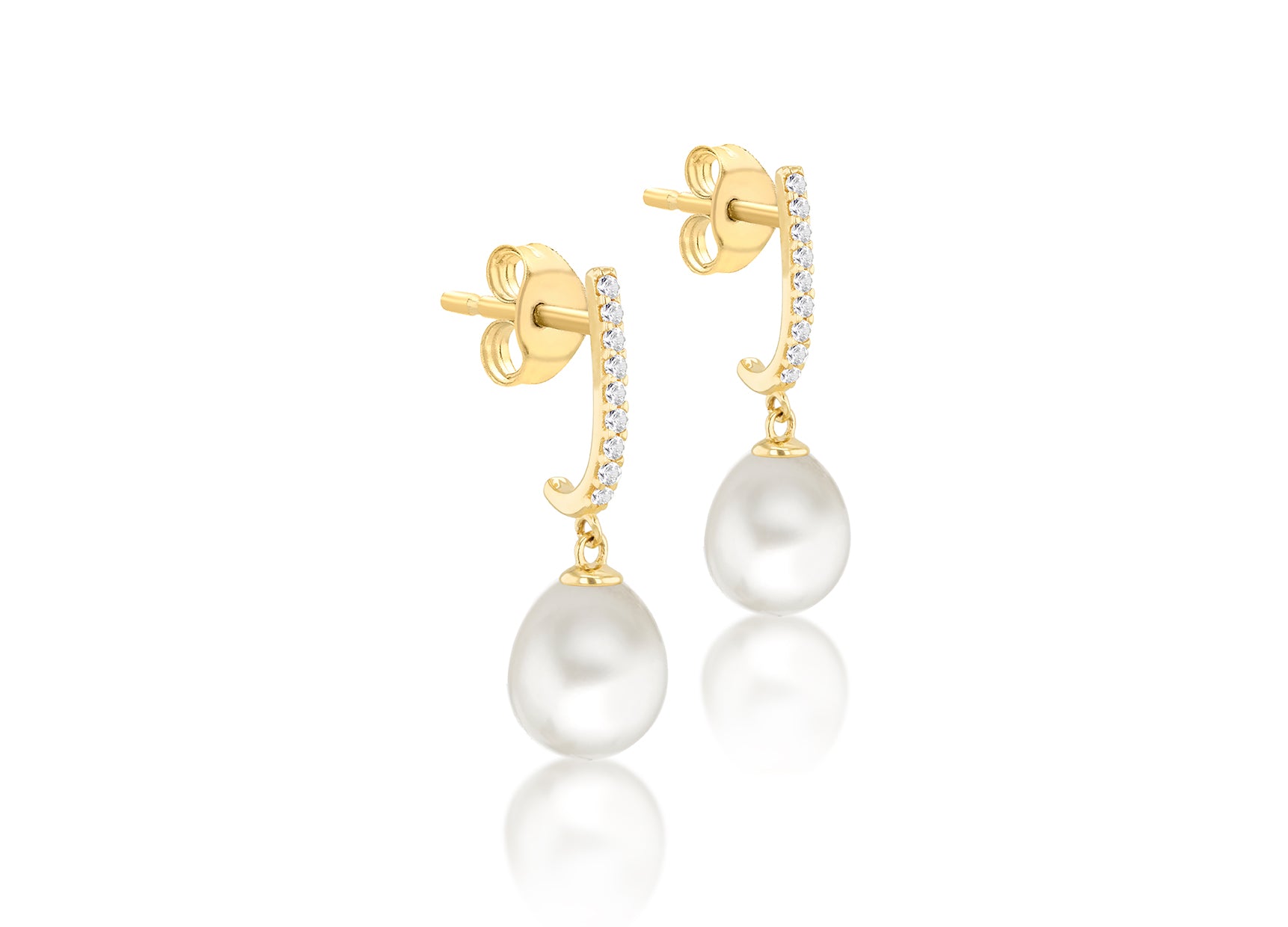 9ct Yellow Gold Freshwater Pearls & White Zirconia Drop Stud Earrings