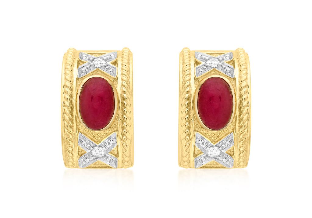 9ct Yellow Gold 0.07t Diamond and Ruby Half-Band Earrings