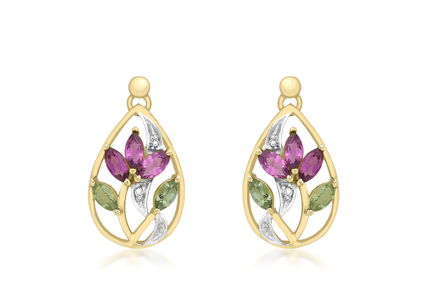 9ct Yellow Gold 0.02t Diamond and Tourmaline Lotus Drop Earrings