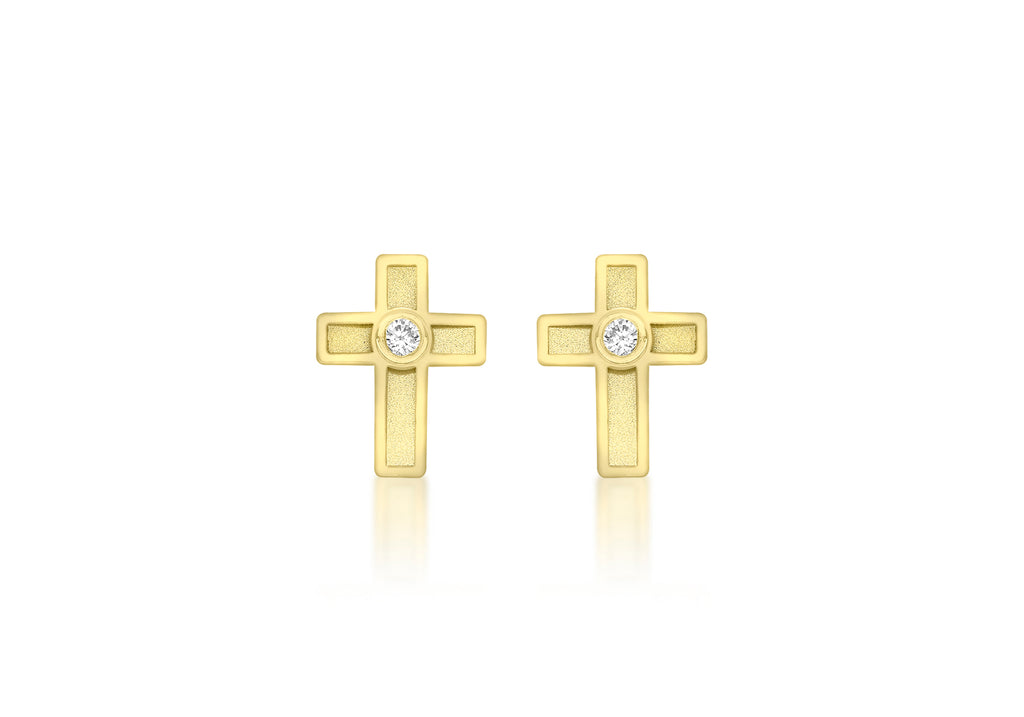 9ct Yellow Gold Zirconia  7.5mm x 10mm Cross Stud Earrings