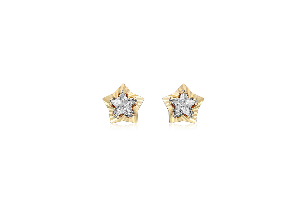 9ct Yellow Gold Zirconia  7.4mm x 7.1mm Diamond Cut Star Stud Earrings
