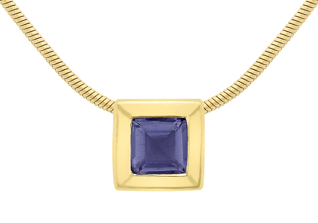 9ct Yellow Gold Square Iolite Pendant on Snake Chain 41m/16"9