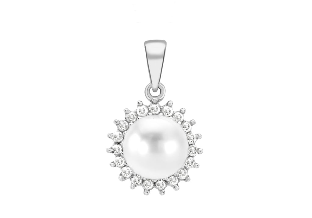 9ct White Gold 0.15t Diamond and Pearl Surround Pendant