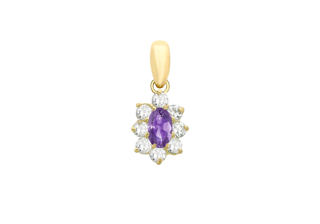 9ct Yellow Gold Purple and White Zirconia  Oval Flower Pendant