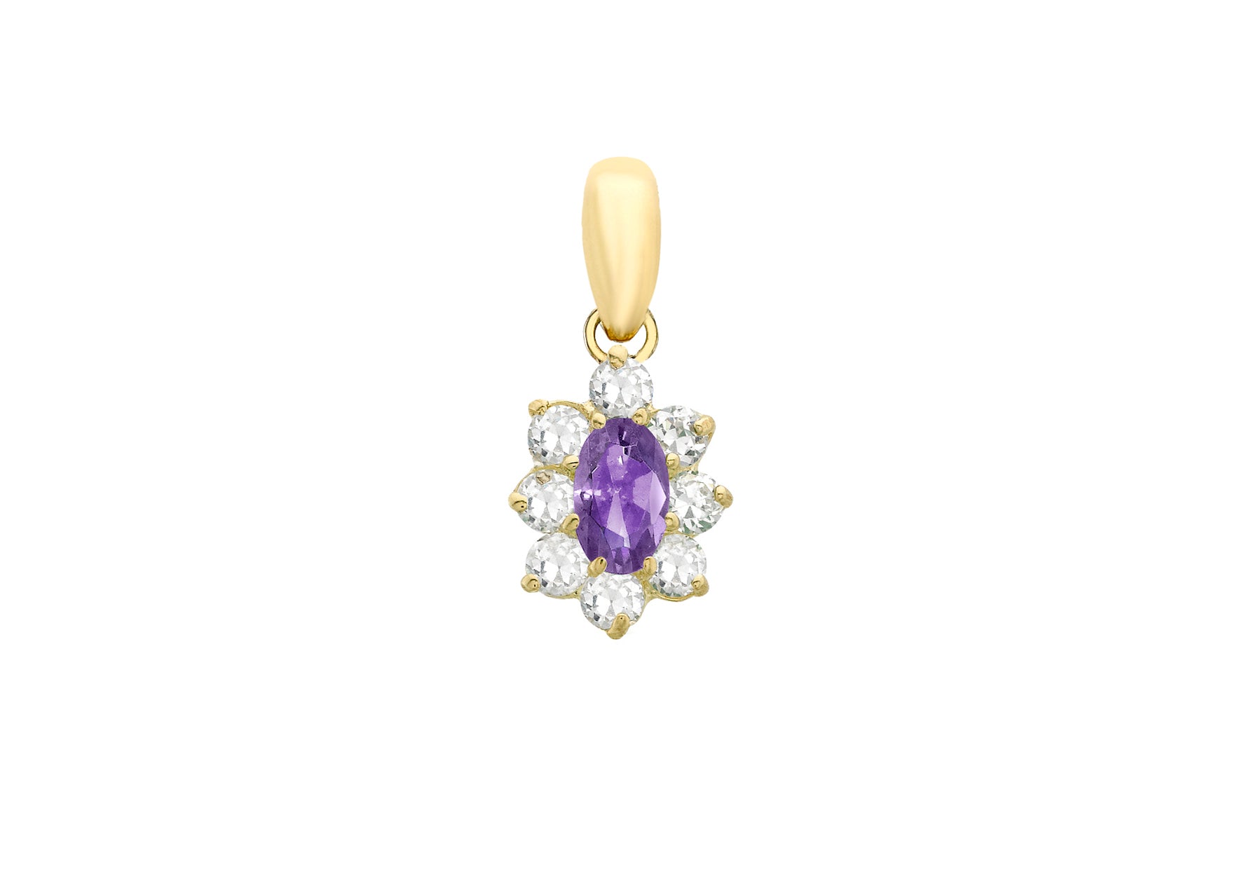9ct Yellow Gold Purple and White Zirconia  Oval Flower Pendant