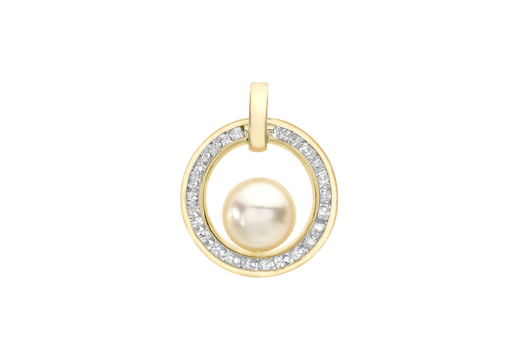 9ct Yellow Gold 1.5mm Zirconia  CutoCut Circle and Pearl Pendant