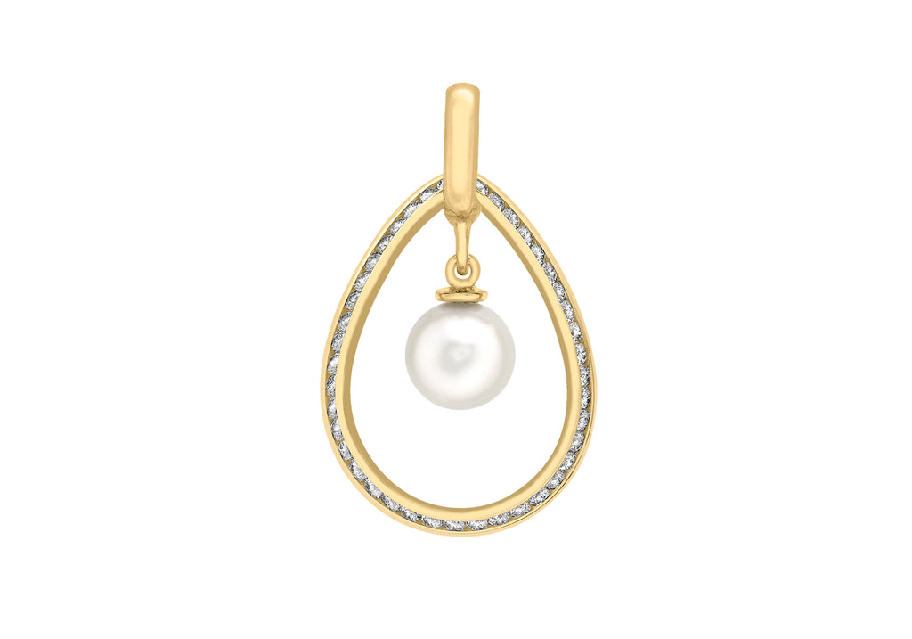9ct Yellow Gold Pearl and Zirconia  Teardrop Pendant