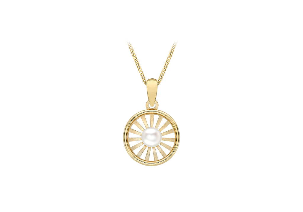 9ct Yellow Gold Pearl 12.5mm x 19.2mm Polished and Satin Sunrays Pendant