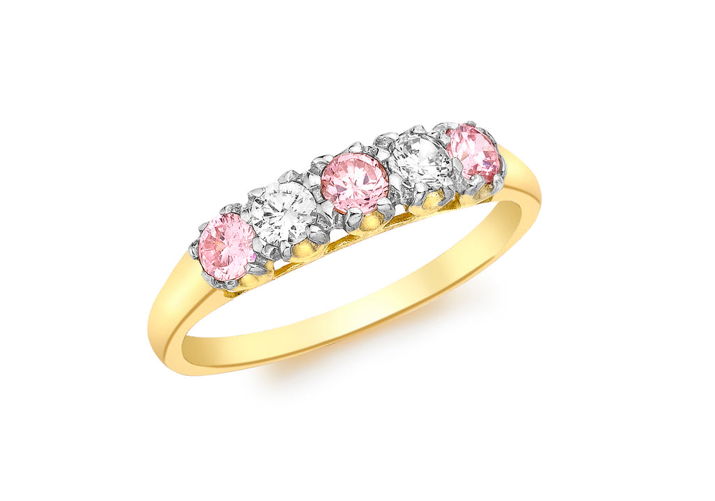 9ct Yellow Gold 5-Stone Pink and White Zirconia  Ring