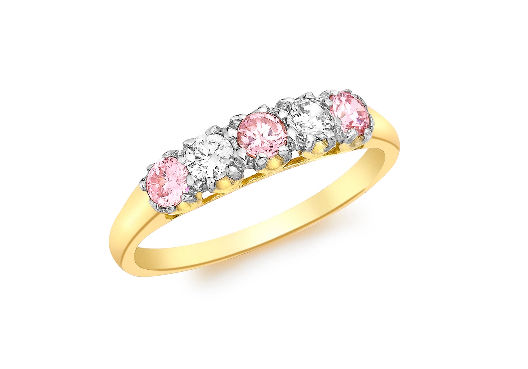 9ct Yellow Gold 5-Stone Pink and White Zirconia  Ring