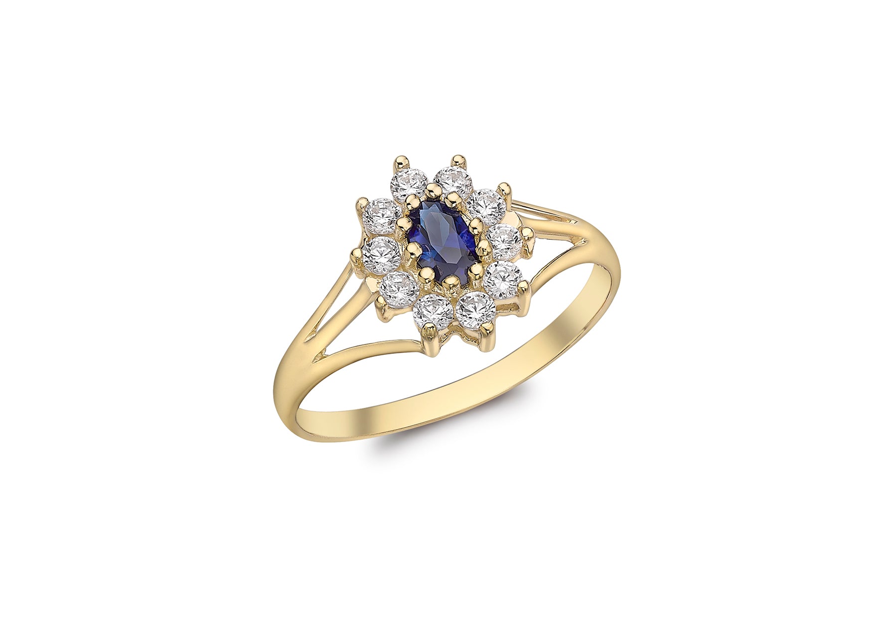 9ct Yellow Gold Blue and White Zirconia  Flower Cluster Ring