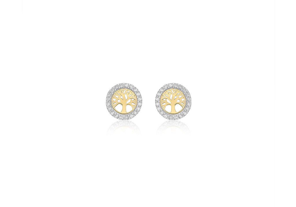 9ct 2-Tone Gold Zirconia  8.3mm 'Tree of Life' Stud Earrings