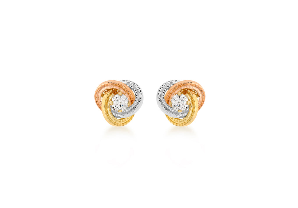 9ct 3-Colour Gold Zirconia  8mm Knot Stud Earrings