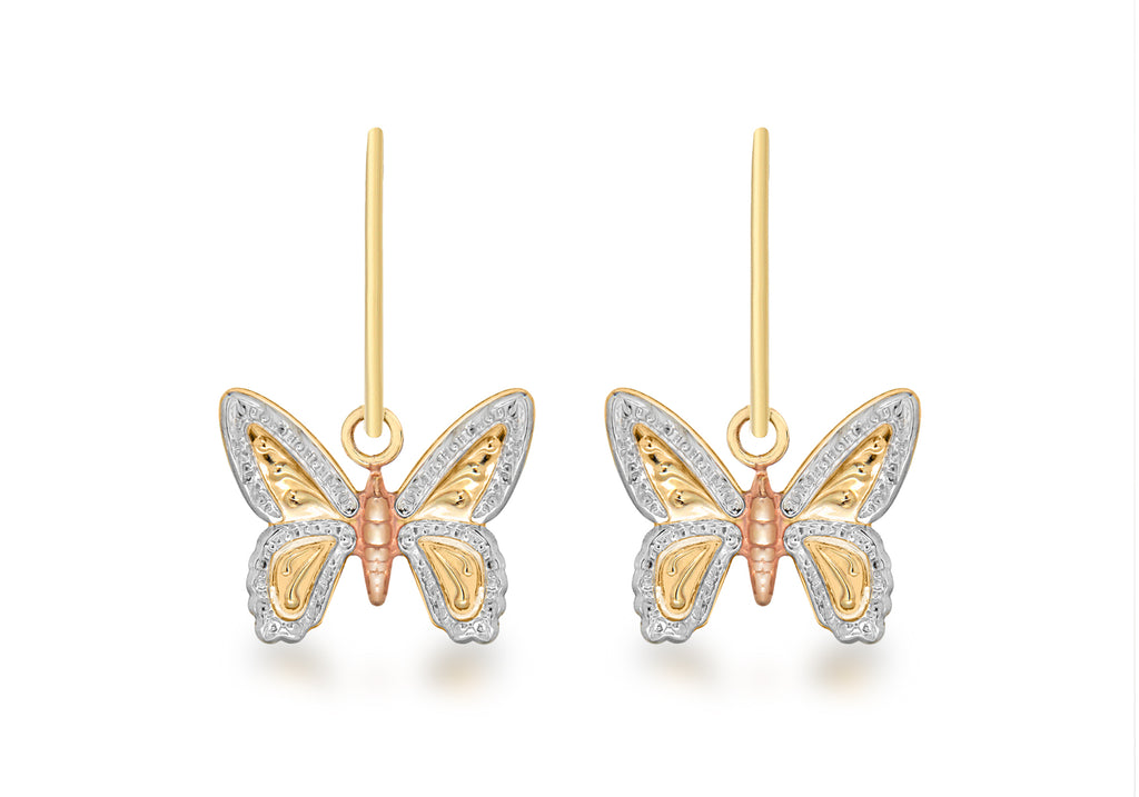 9ct 3-Colour Gold 11mm x 15mm Textured Butterfly Drop Earrings