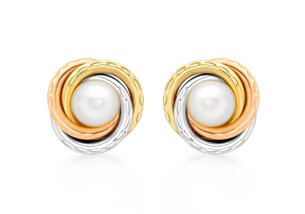 9ct 3-Colour Gold Pearl 12mm Knot Stud Earrings