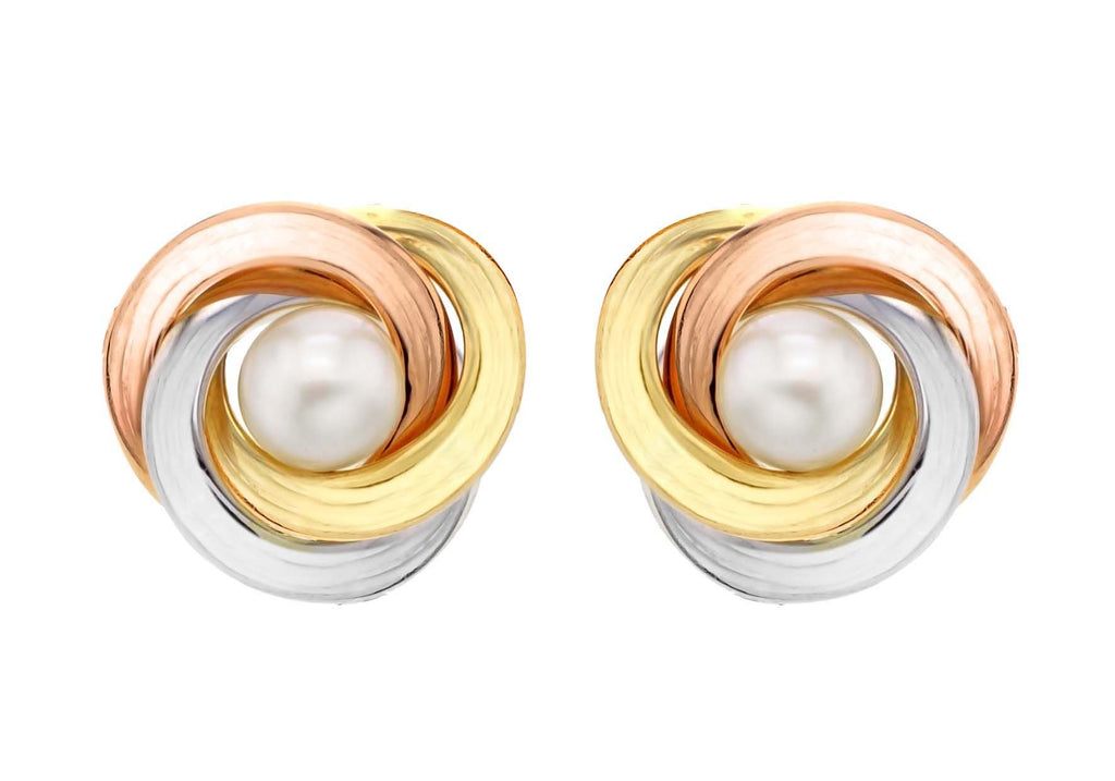 9ct 3-Colour Gold 15mm Knot and Pearl Stud Earrings