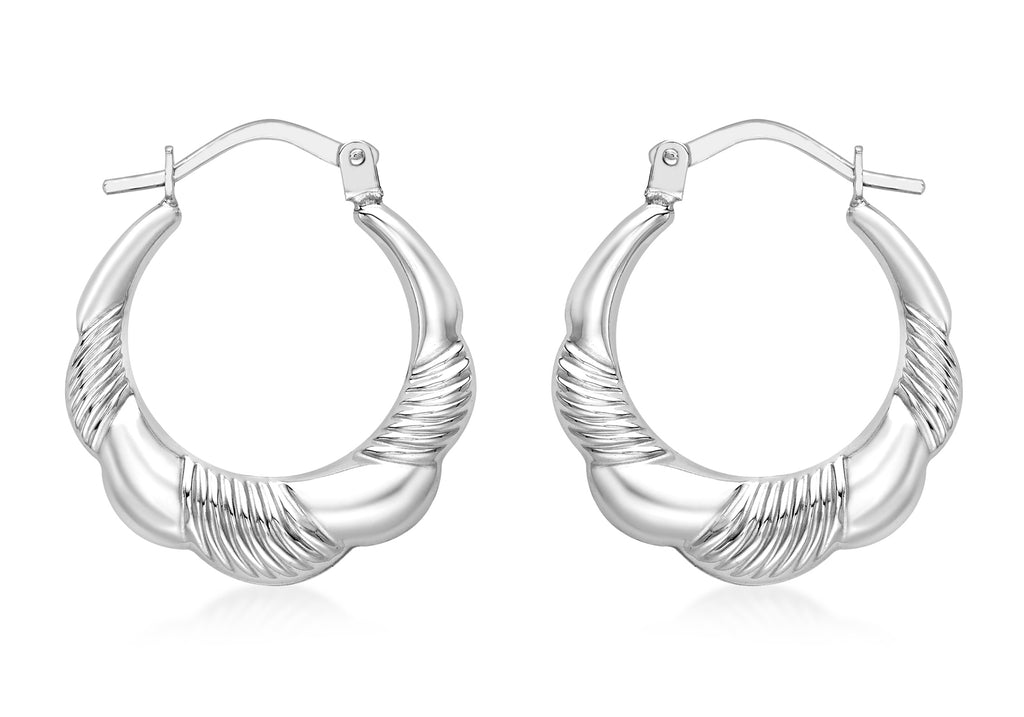 9ct White Gold 19mm x 22mm Patterned Sallop-Edge Creole Earrings