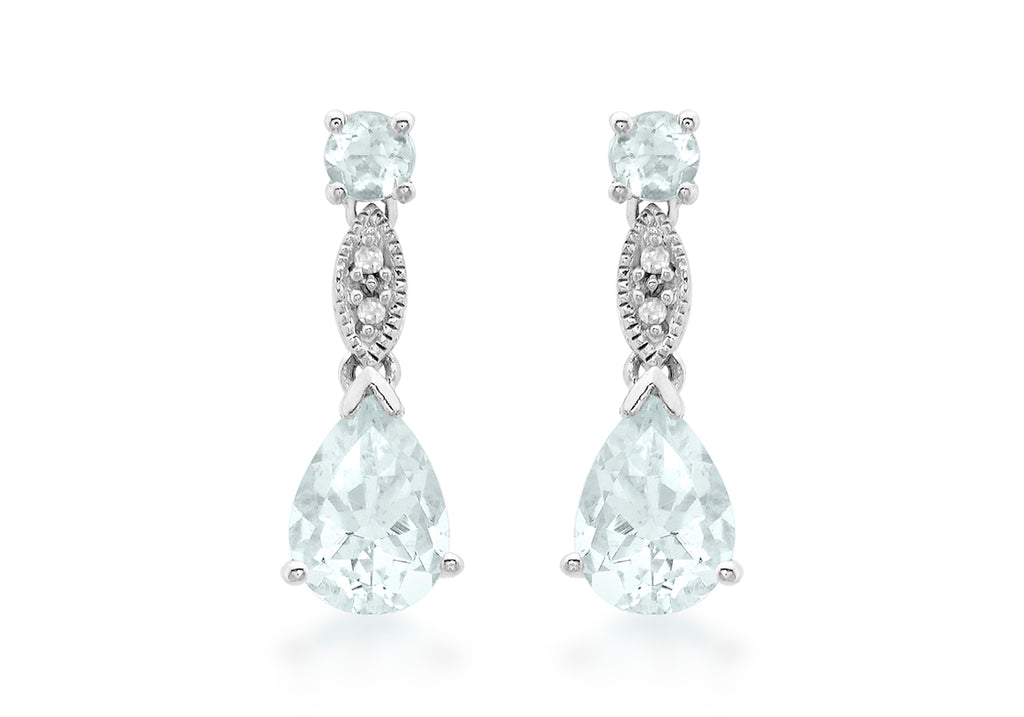 9ct White Gold 0.02ct Diamond Aquamarine Drop Earrings