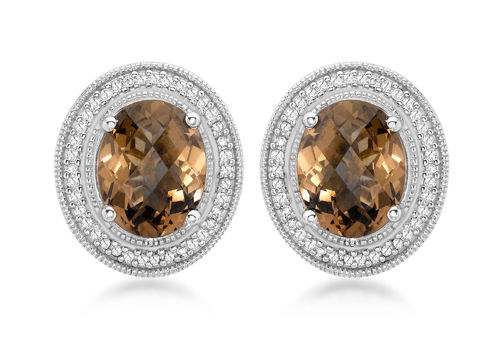 9ct White Gold 0.20t Diamond and Oval Smokey Quartz Stud Earrings