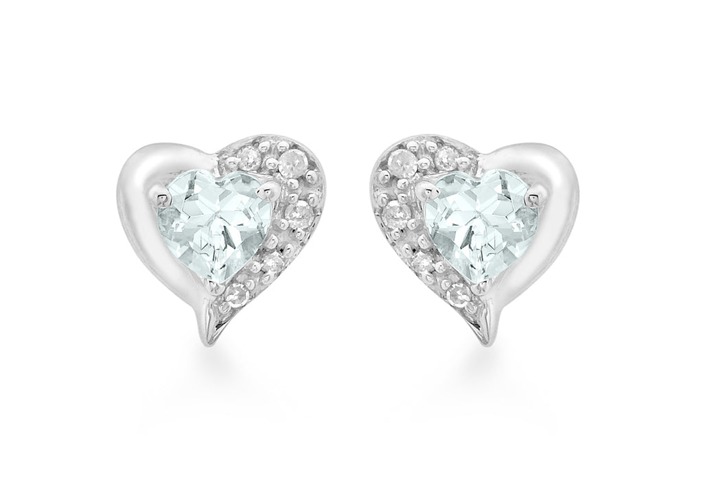 9ct White Gold 0.04t Diamond and Aquamarine Heart Stud Earrings