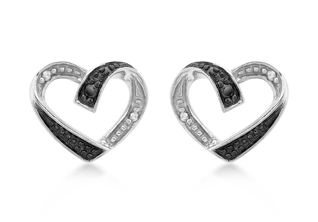 9ct White Gold 0.05t Black and White Diamond Heart Stud Earrings