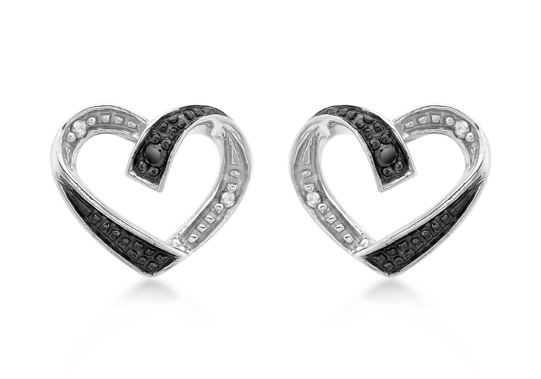 9ct White Gold 0.05t Black and White Diamond Heart Stud Earrings