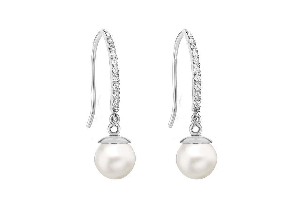 9ct White Gold Zirconia  and Pearl Drop Earrings