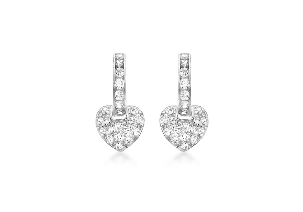 9ct White Gold Zirconia  Hoop with Pave Heart Drop Earrings