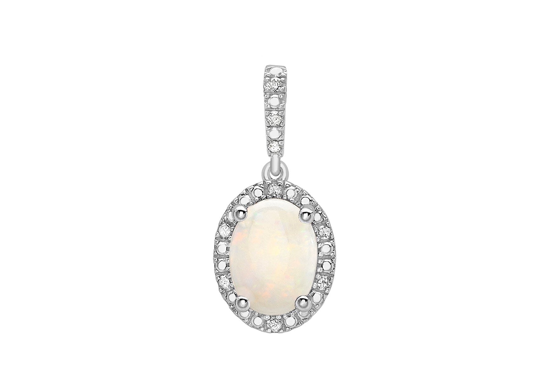 9ct White Gold 0.05t Diamond and Opal Cluster Pendant
