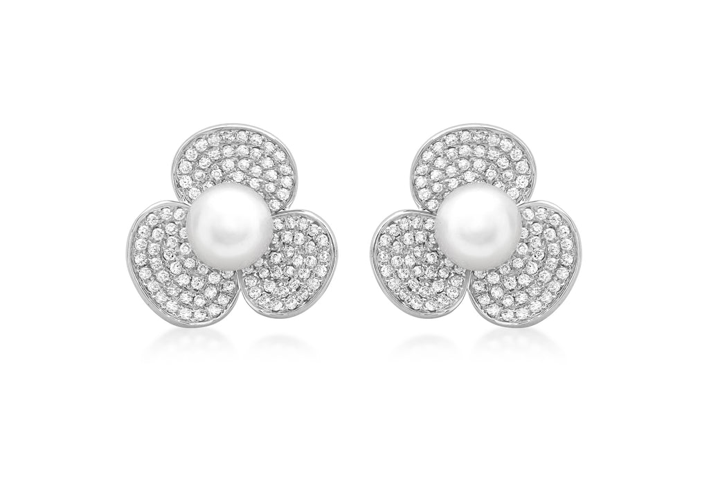 18ct White Gold 0.90t Diamond and Pearl Flower Stud Earrings