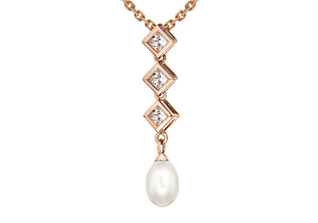 Sterling Silver Rose Gold Plated Zirconia  and Pearl Drop Pendant
