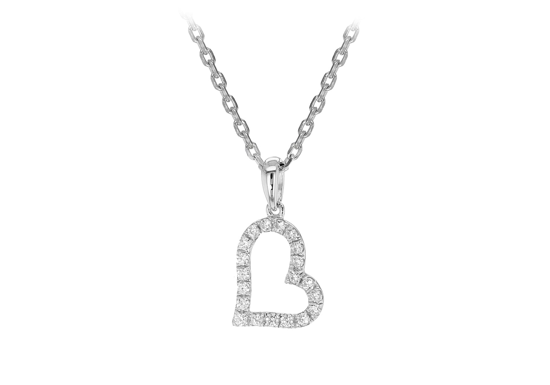 Sterling Silver Rhodium Plated Small Zirconia  Open-Heart Pendant on Adjustable Chain Necklace  39.5m/15.5"-42m/16.5"9
