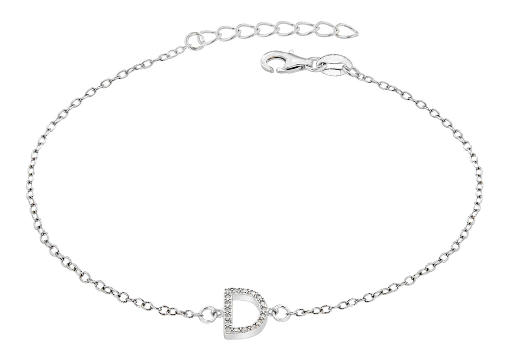Sterling Silver Rhodium Plated Zirconia  'D' Initial Bracelet 19m/7.5"9