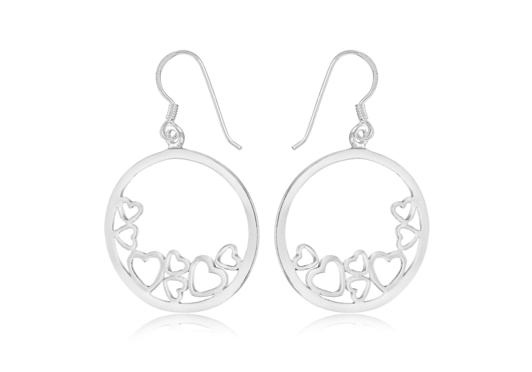 Sterling Silver Hearts-In-Circle Drop Earrings