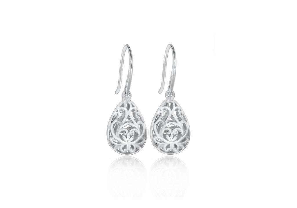 Sterling Silver Rhodium Plated Filigree Teardrop Earrings