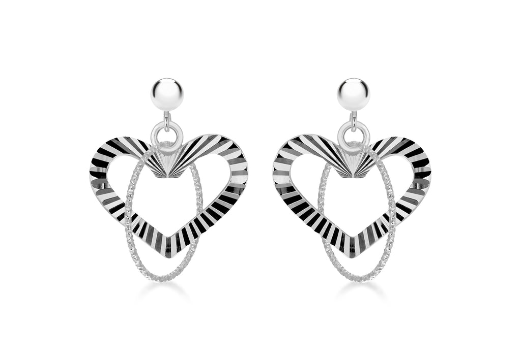 Sterling Silver Diamond Cut Open-Heart and Ring Drop Earrings