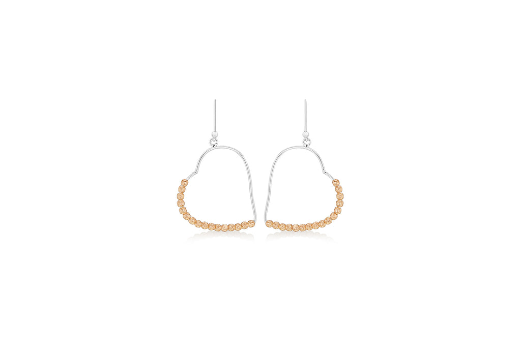 Sterling Silver 2-Tone 30mm x 41.5mm Heart Wire and Diamond Cut Balls Drop Earrings