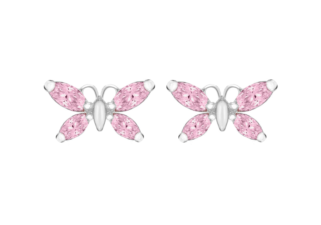 Sterling Silver Pink Zirconia Butterfly Stud Earrings
