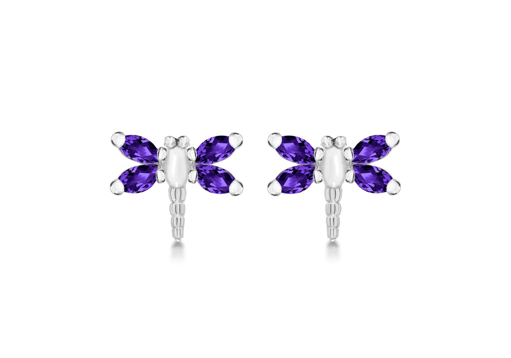 Sterling Silver Amethyst Stone Set Dragonfly Stud Earrings