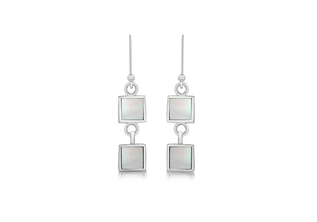 Sterling Silver White Mother of Pearl Double-Square Drop Earrings