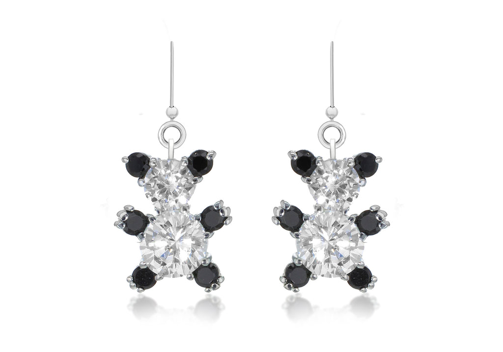 Sterling Silver Black & White Zirconia Set Teddy Drop Earrings