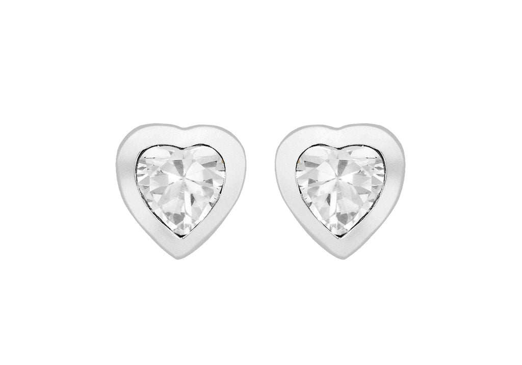 Sterling Silver White Zirconia Heart Stud Earrings 