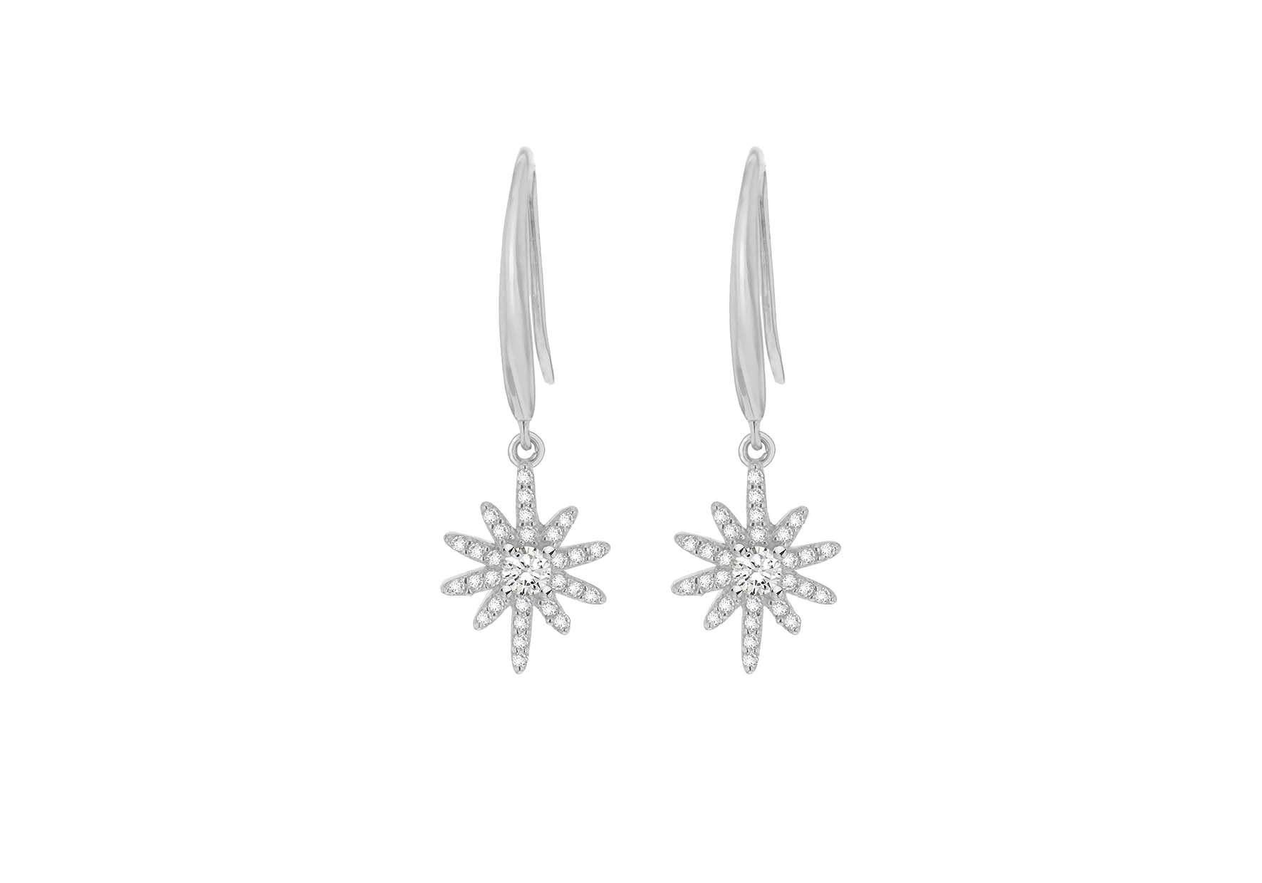 Sterling Silver Rhodium Plated Zirconia  Stone Set Star Drop Earrings