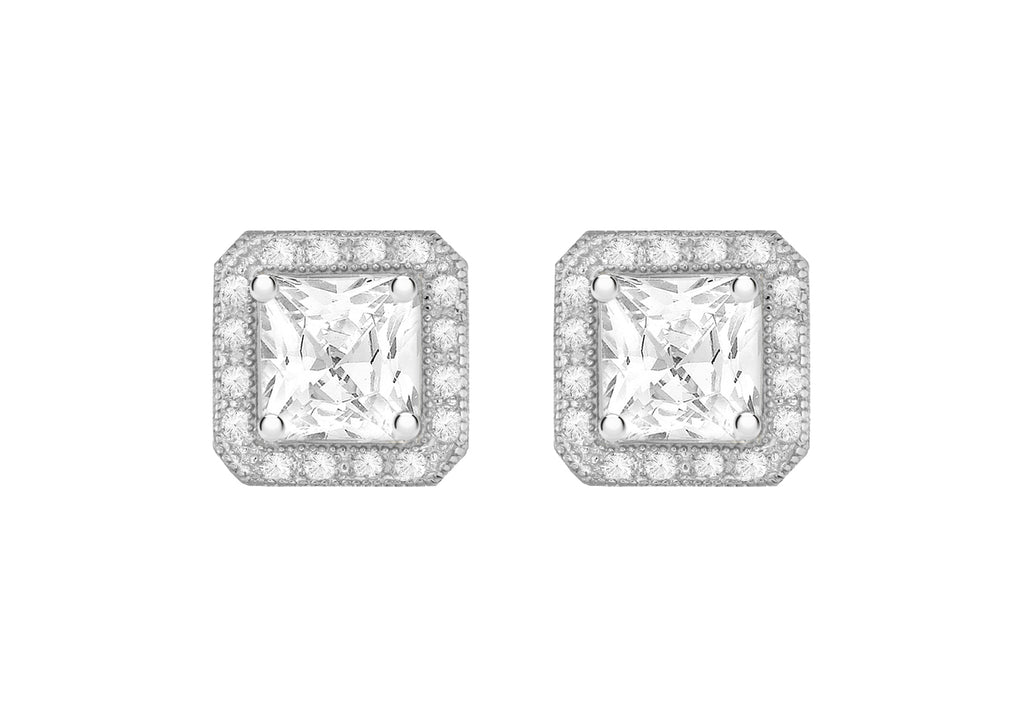 Sterling Silver Rhodium Plated Zirconia Square Stud Earrings